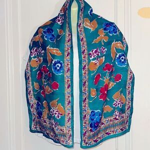 Vtg Berkshire multi color(turquoise, gold & blue)‎ floral long polyester scarf